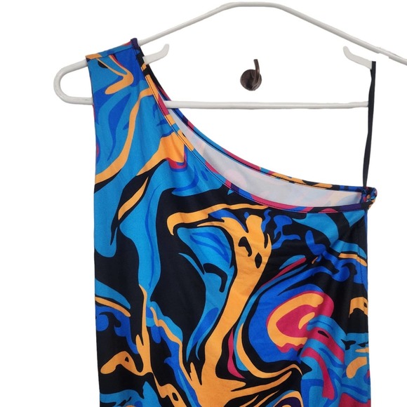 Shein Psychedelic Wavy Print One Shoulder Body Con Maxi Dress - Picture 2 of 5
